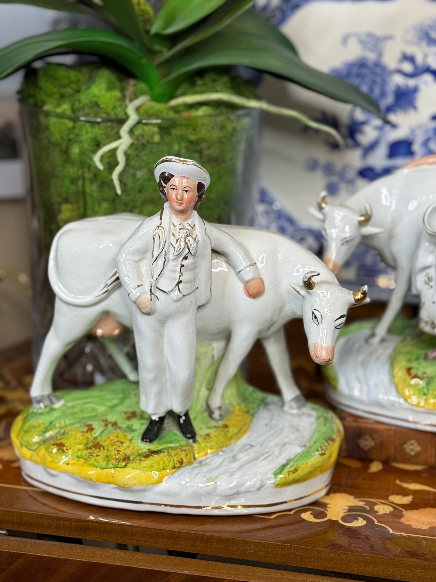 Antique Staffordshire Cow & Milkmaid Flatback Figures | Right & Left Pair | Victorian England | c.1860