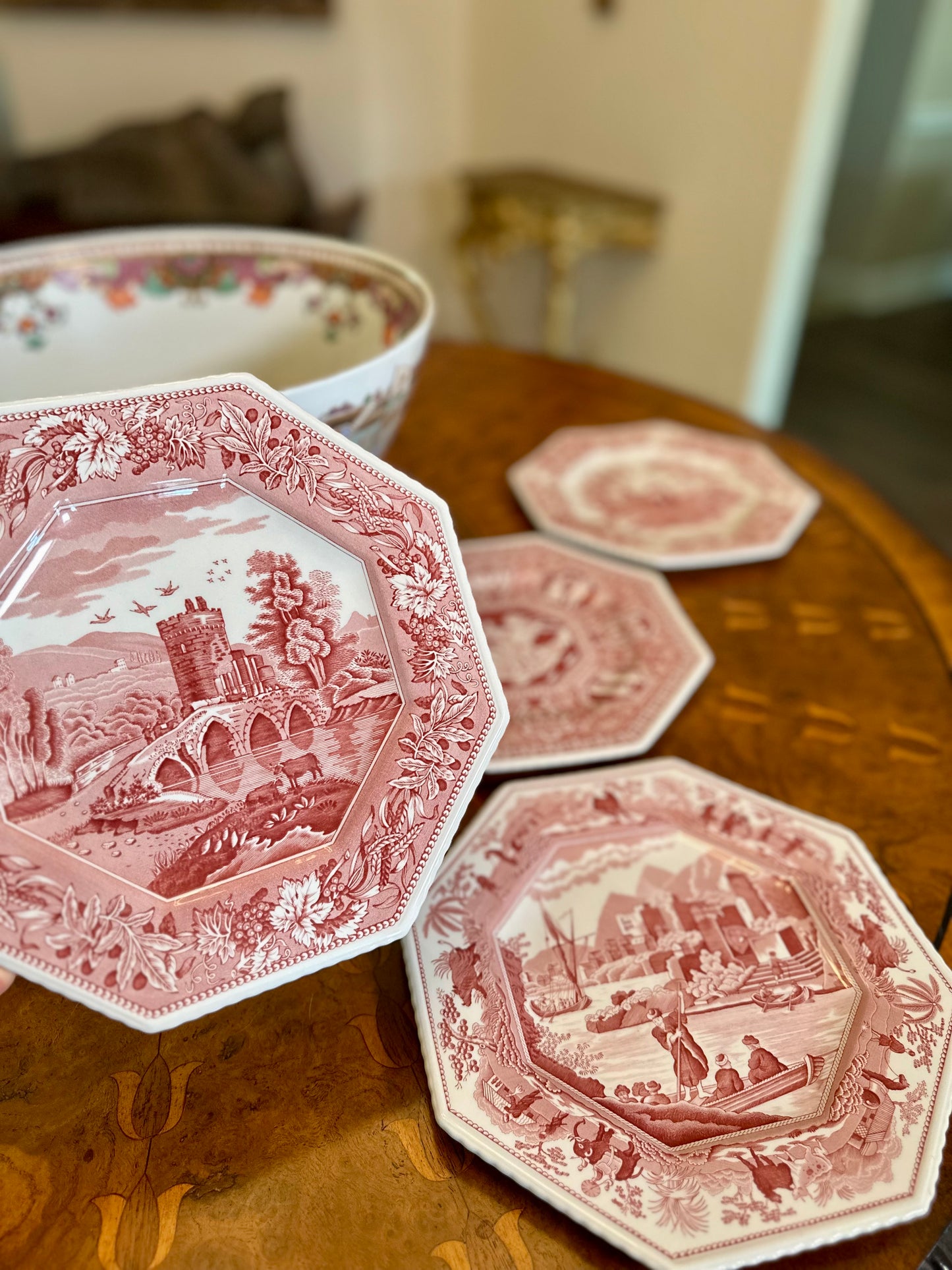 Spode Archive Sutherland Collection Red Transferware Octagonal Plates – Choice of 4 Scenic Designs, Sold Separately