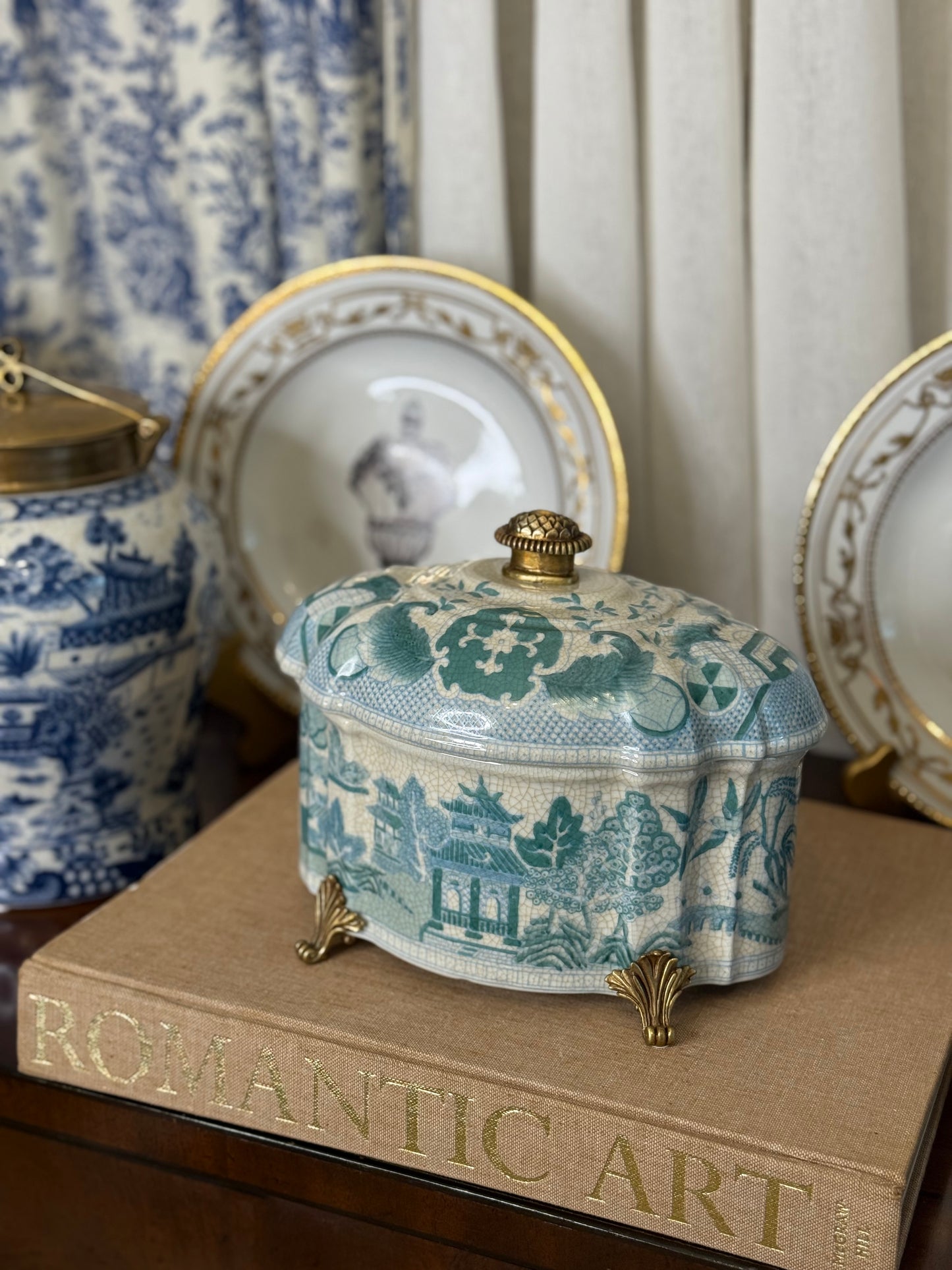 Danny's Fine Porcelain - Blue Willow Lidded Box – Teal Chinoiserie with Bronze Feet & Finial