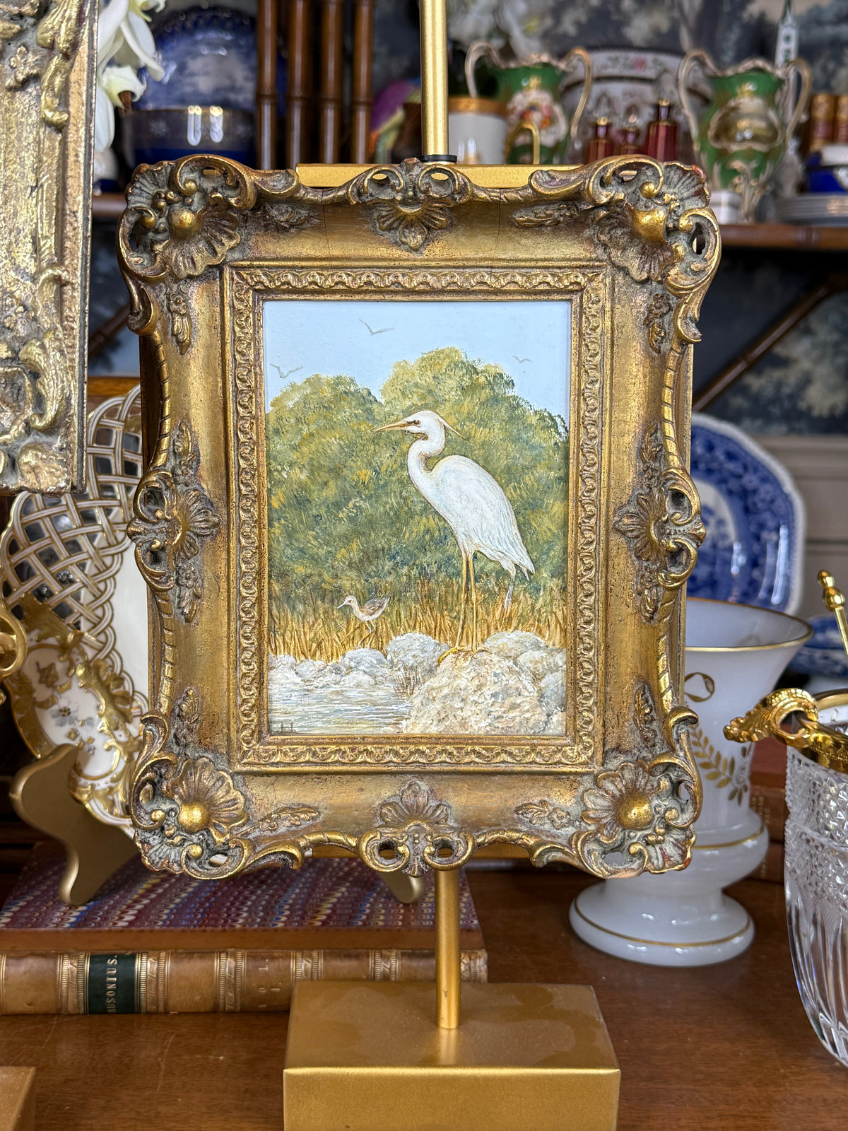 Ruth English Original Oil Painting “Sandpiper” | Great Egret & Shorebird Landscape | Ornate Gilt Frame | Mid-20th Century | 8” W × 10” H × 1.5” D