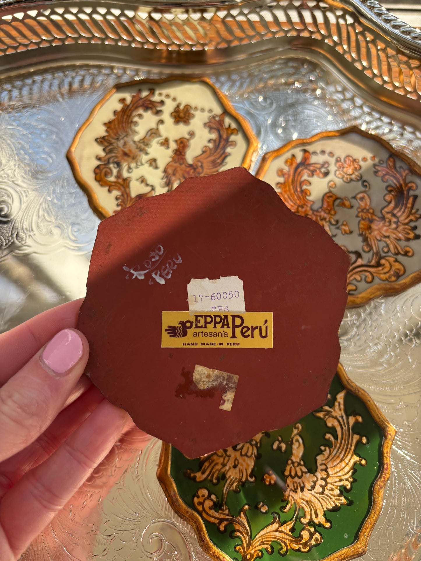 Lovely handmade coasters reverse painted glass from Peru!