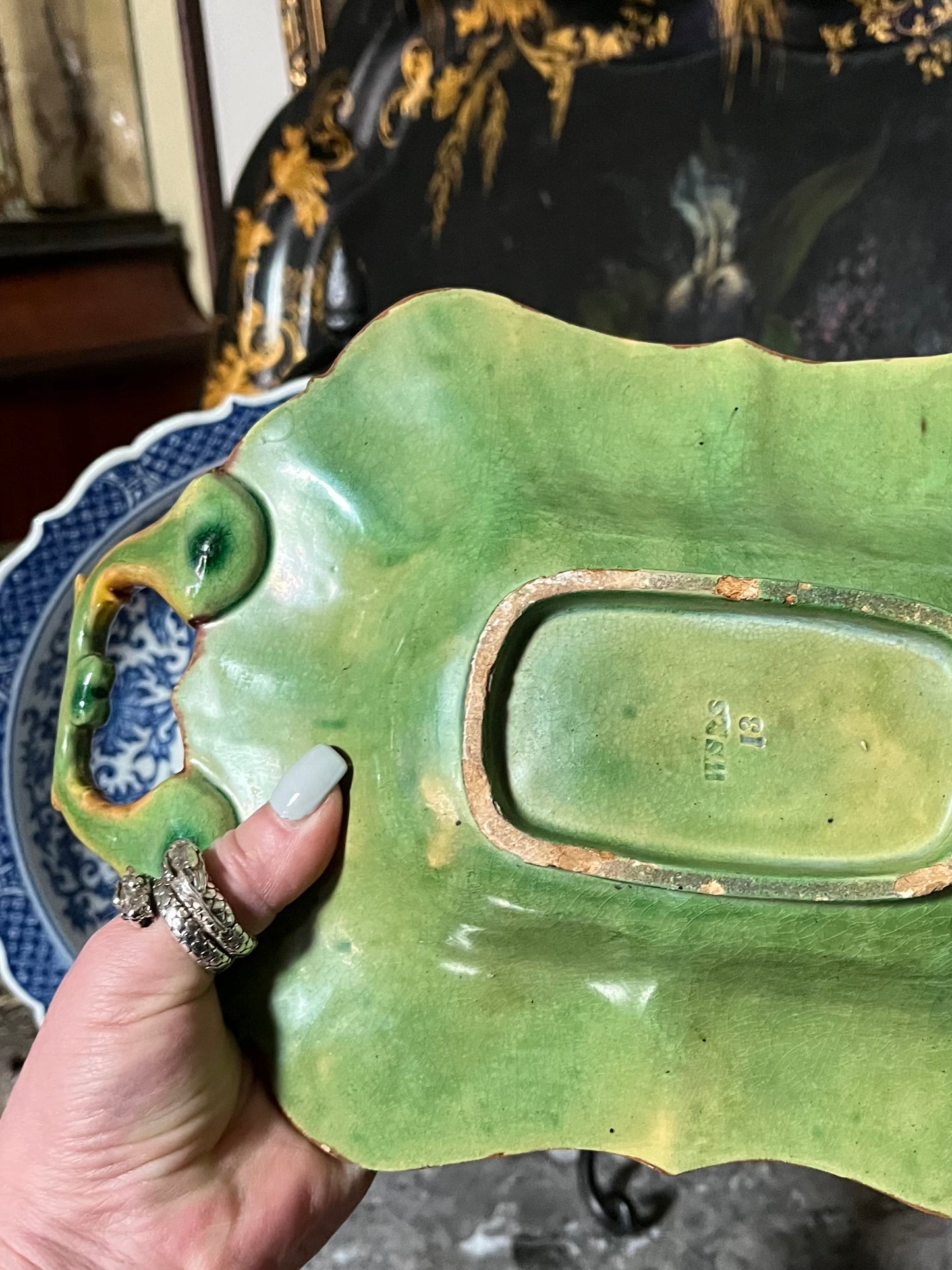 Antique Wilhelm Schiller & Son German Majolica Figural Handled Tray, c.1880–1905