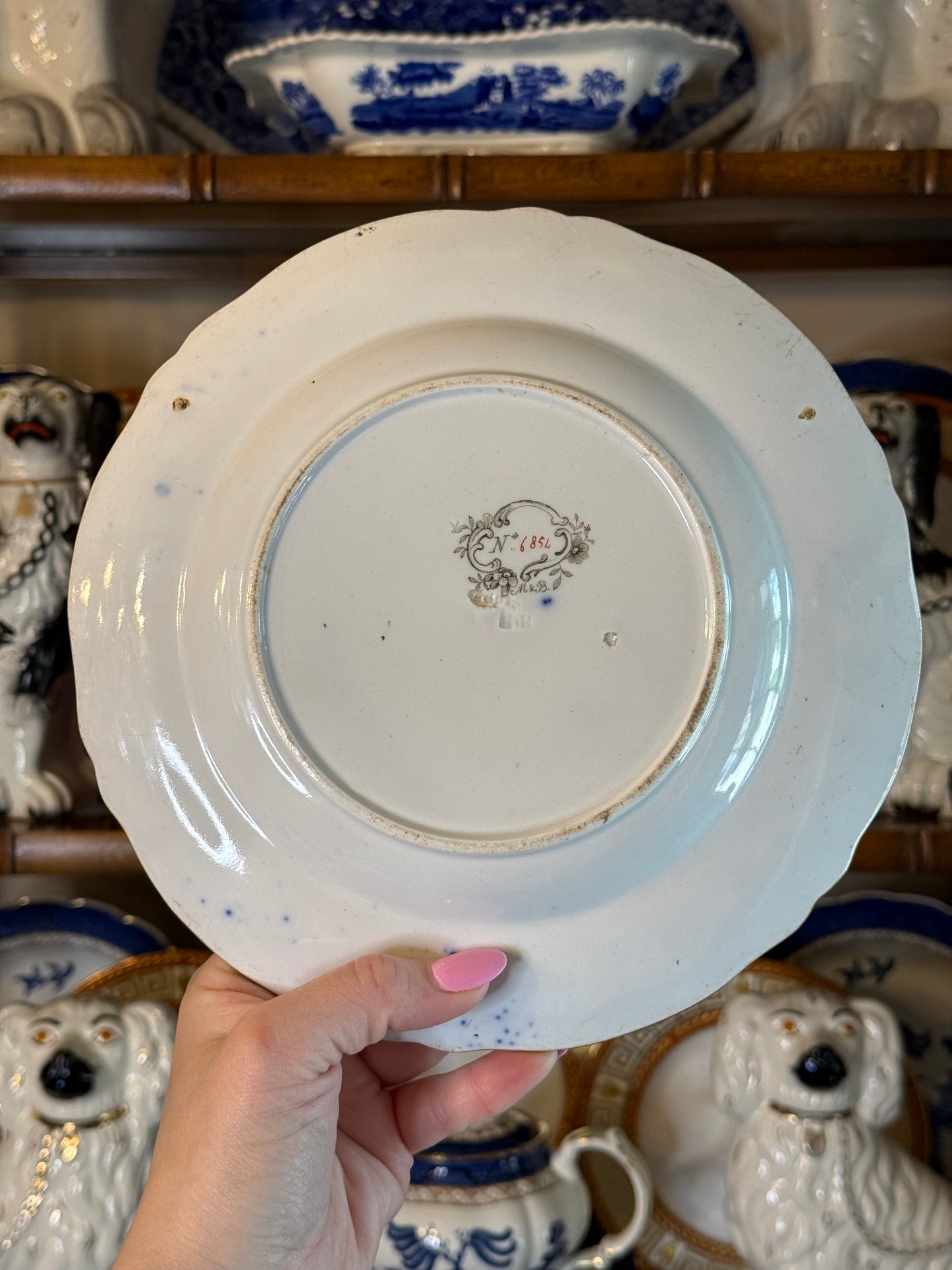 Antique English Porcelain Imari Botanical Dessert Plates | Pair | Hand-Painted Gilt | c. 1835–1855 | Pattern No. 6856