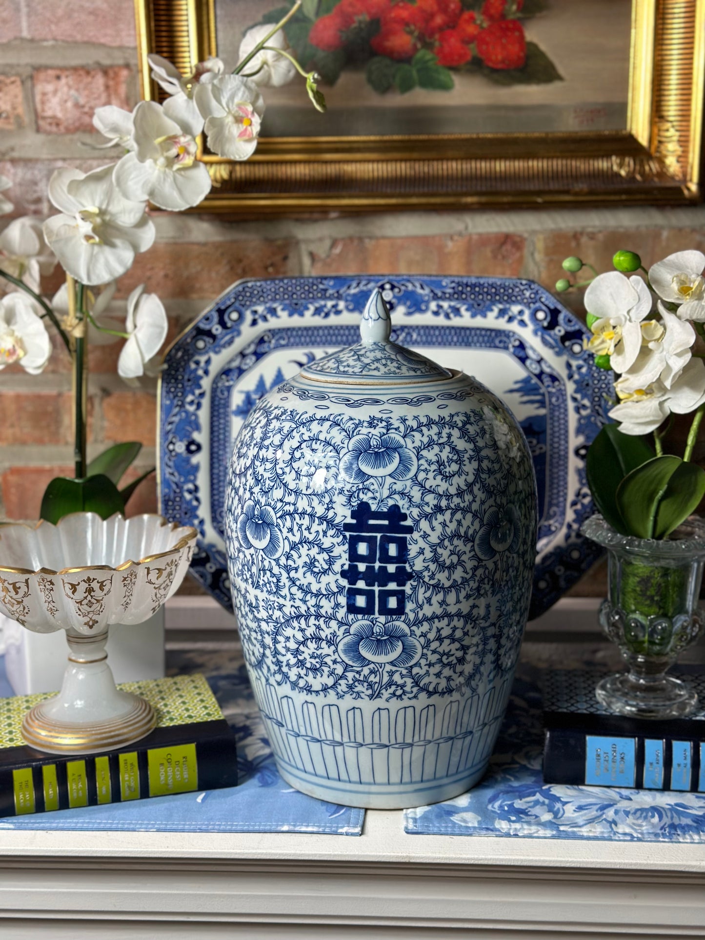 NEW - Blue & White Double Happiness Melon Ginger Jar, 14" Tall