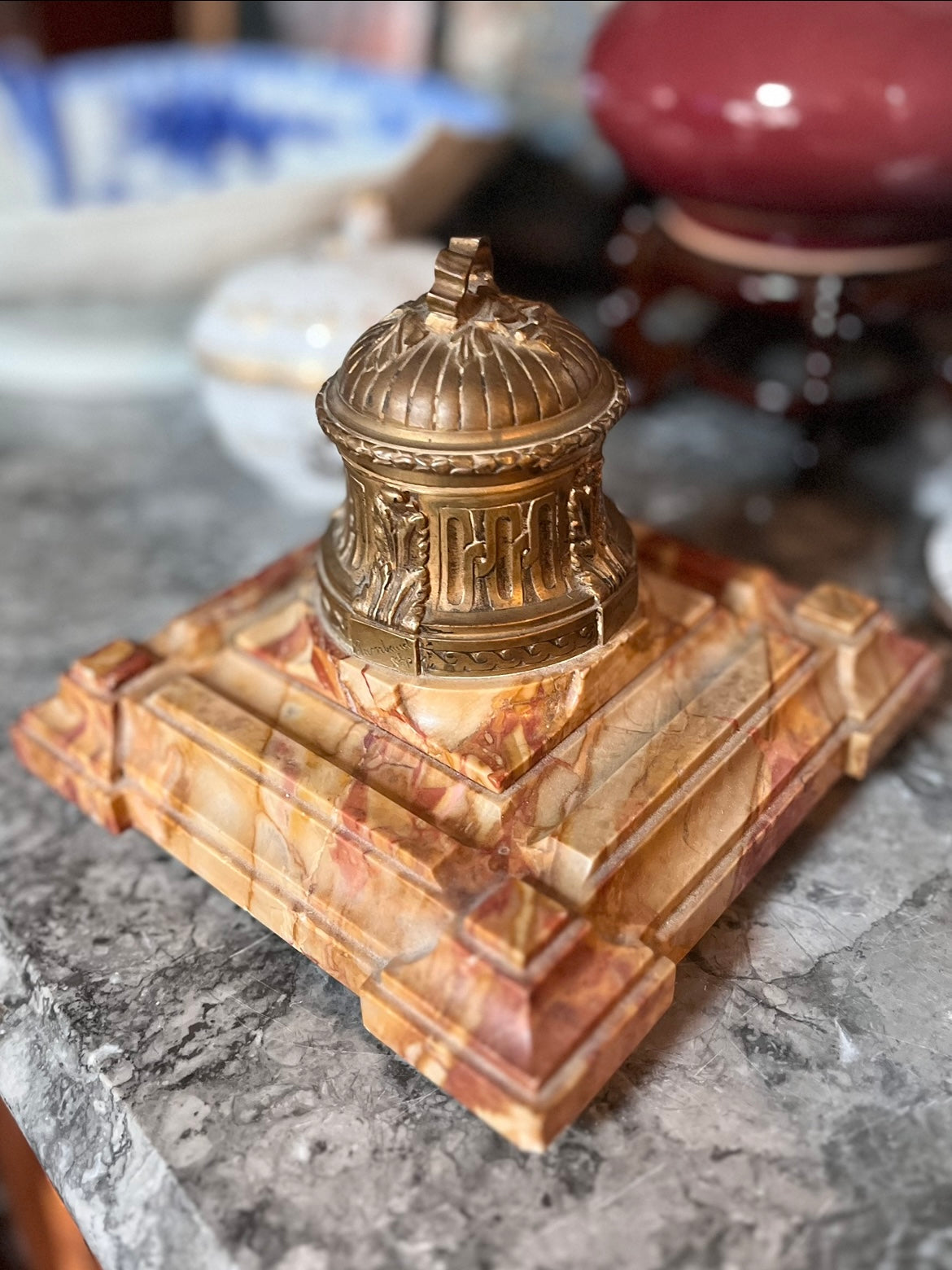 Stunning French Mid 1809’s Rambaud et Susse Frères Antique Brass Inkwell On Pink And Burgundy and Marble Stepped Base