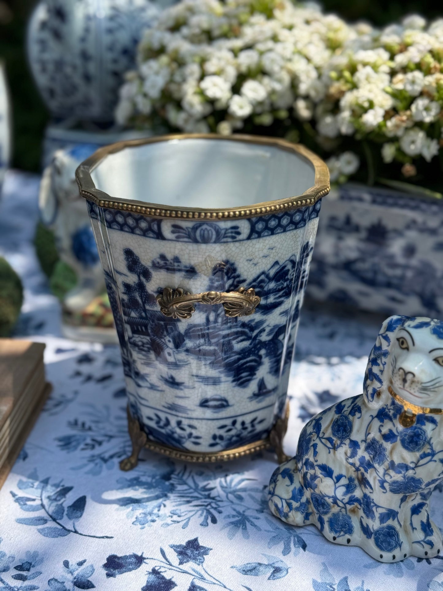 Danny's Fine Porcelain - Blue & White Porcelain Planter W/ Bronze Footings & Details, 7.5" Tall