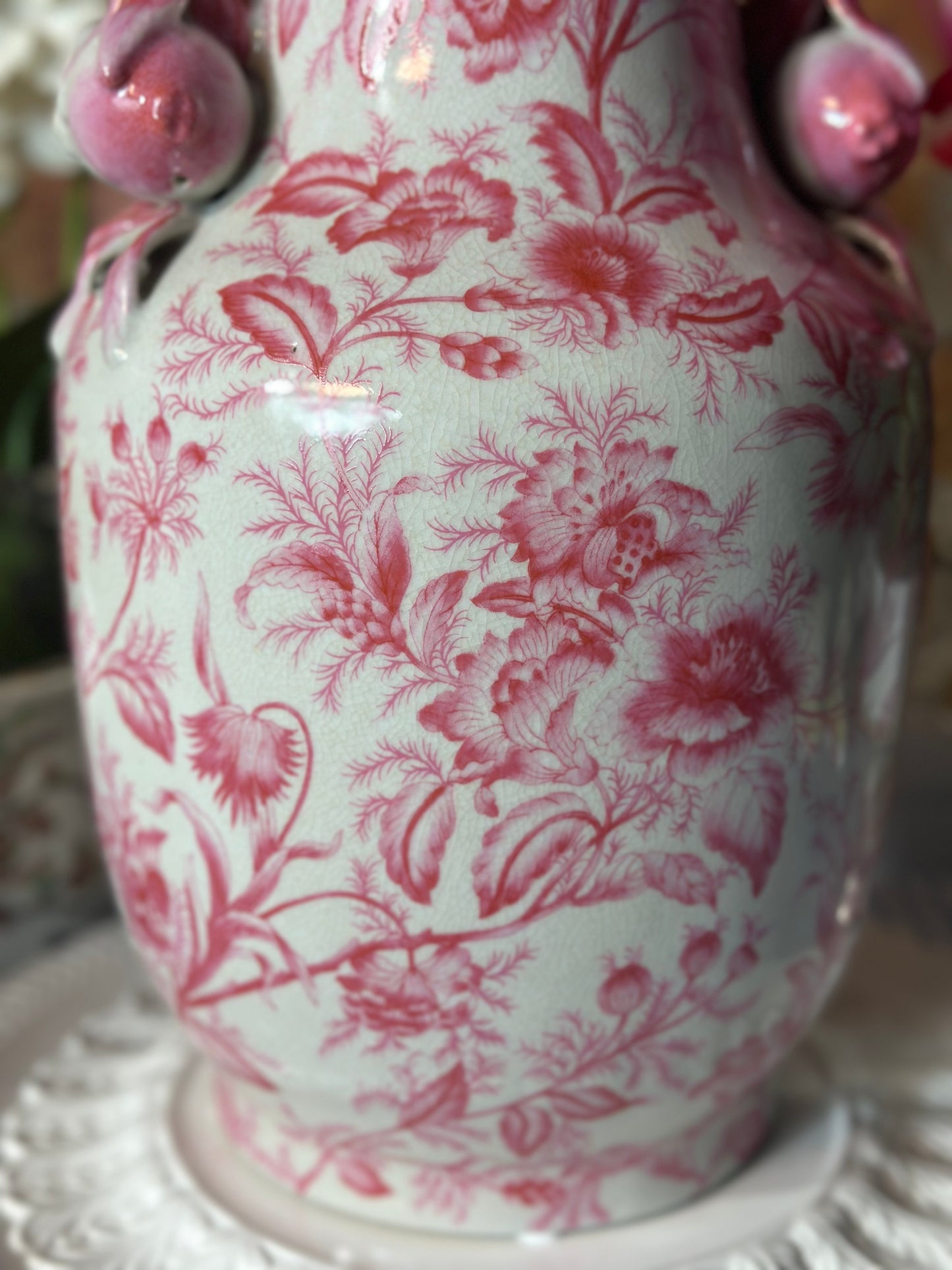 Danny's Fine Porcelain: Pink/White Prim Rose, 13" Tall Porcelain Vase W/ Handles