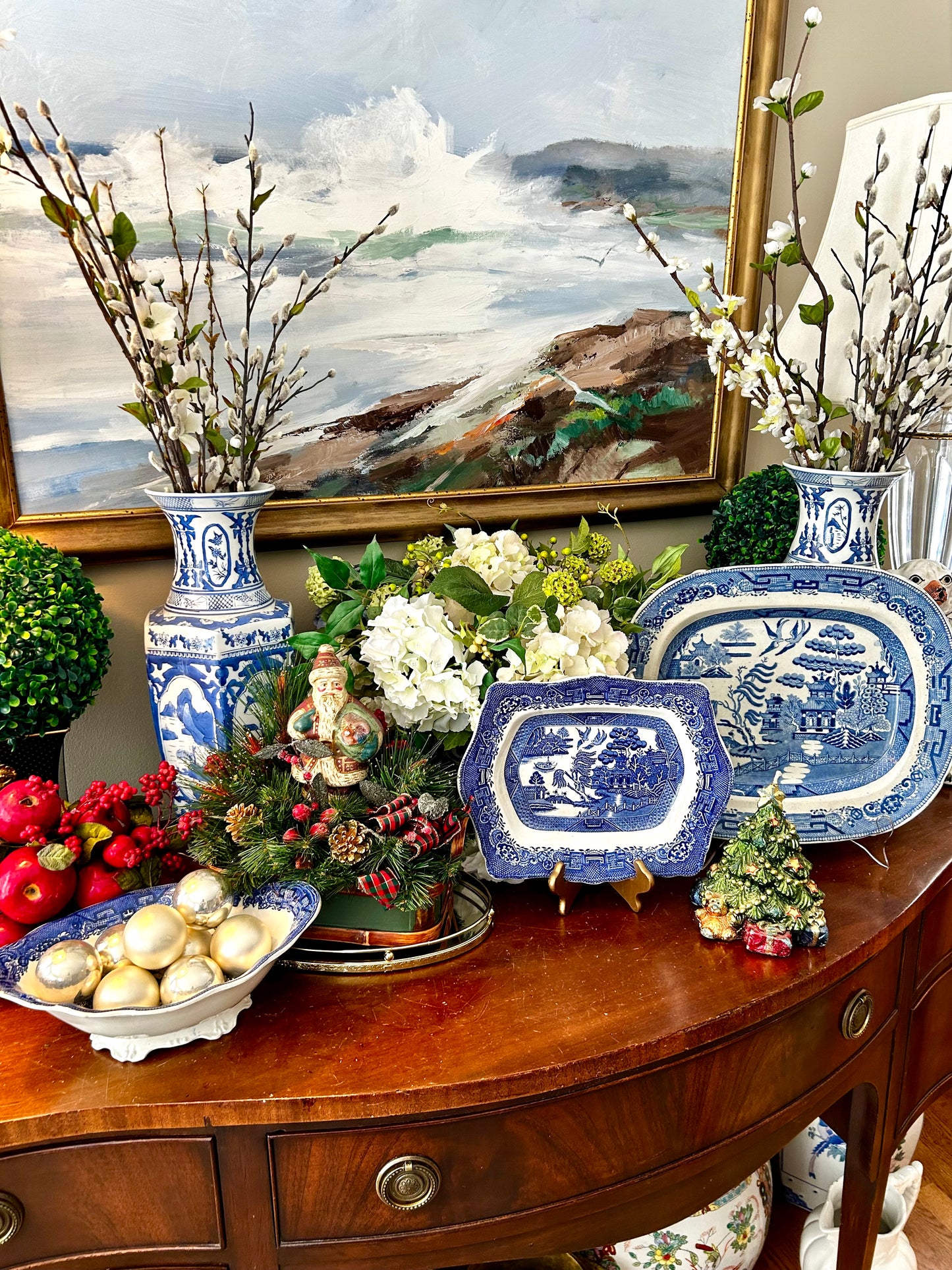 Massive Vintage Santa Christmas pine cone topiary centerpiece