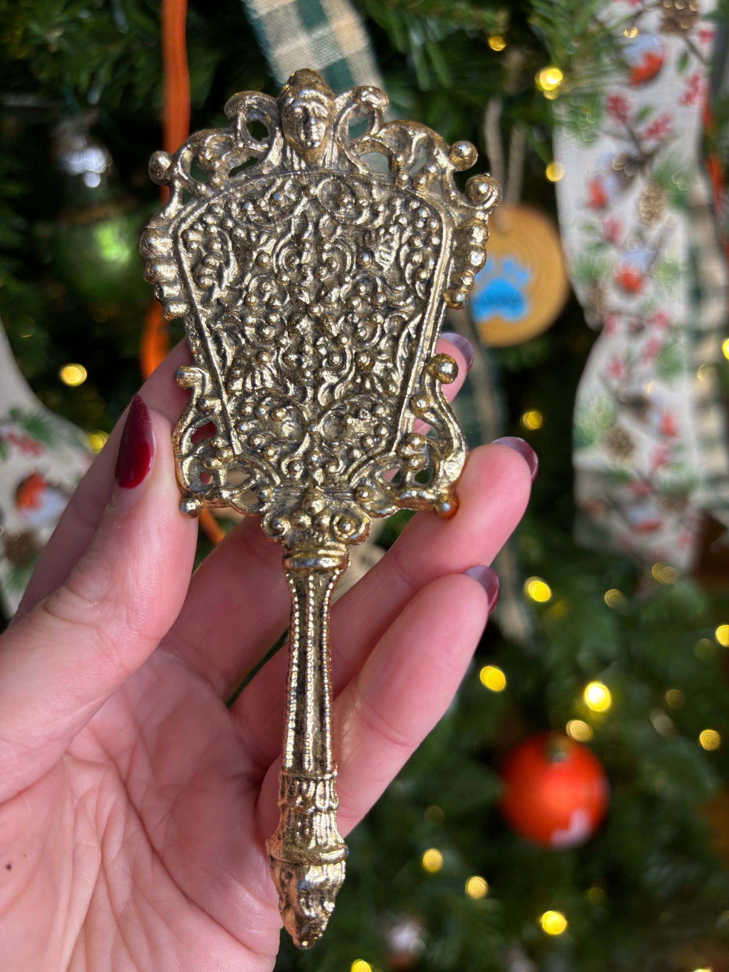 Antique ornate ormolu mini handheld mirror!