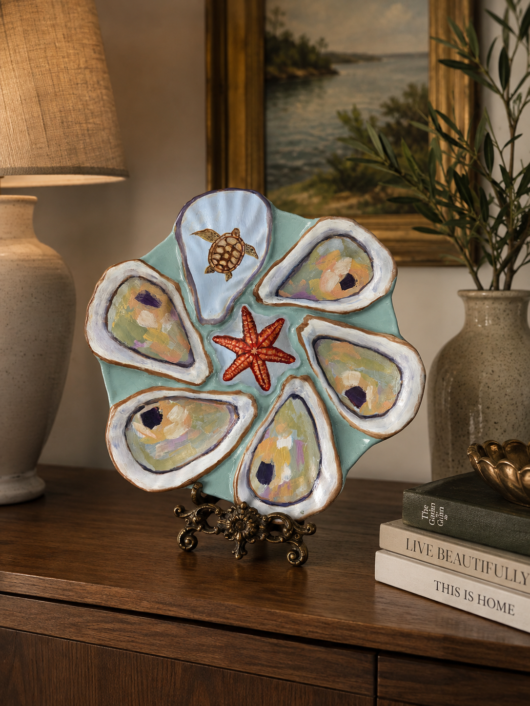 Hand painted 9.5” oyster plate