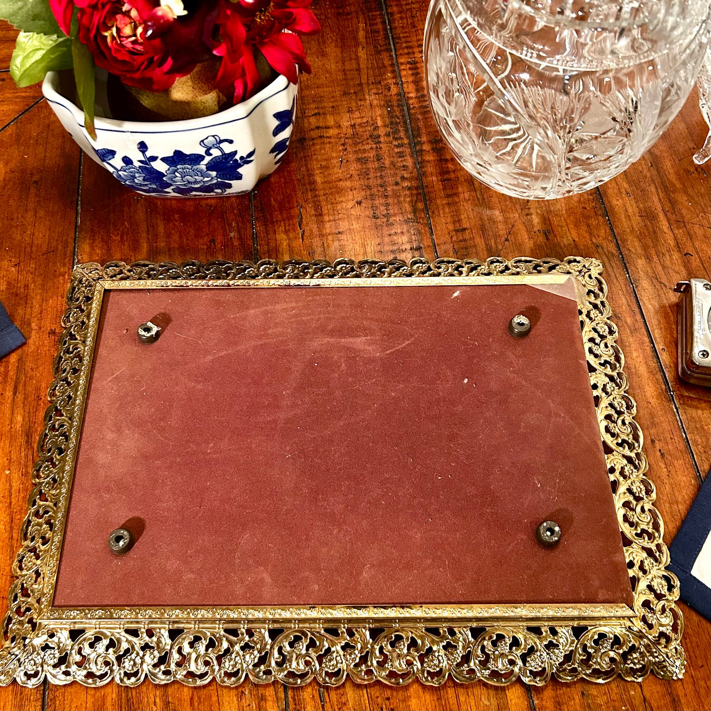 Gorgeous vintage brass chippendale footed brass mirrored tray