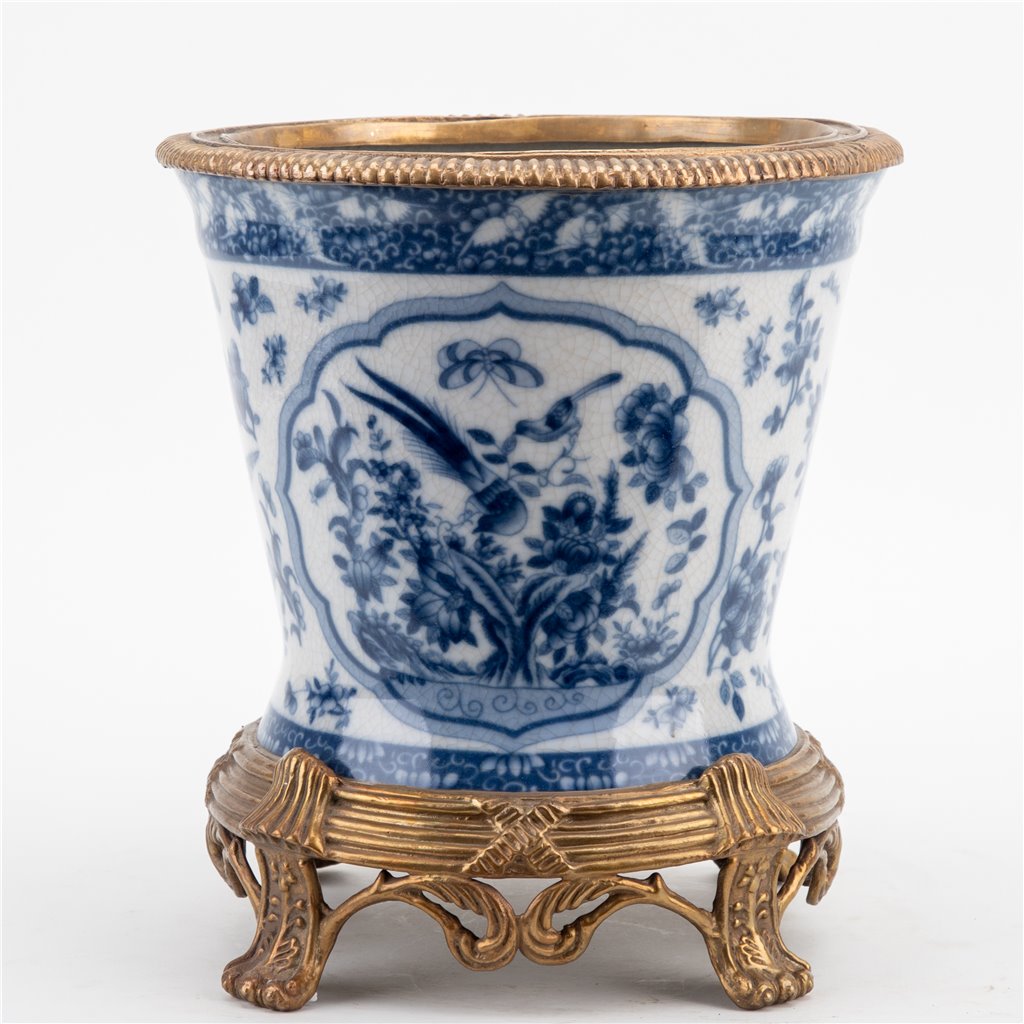 Danny's Fine Porcelain - Blue & white W/Bronze Footings, Bird Planter/VASE 10" Tall