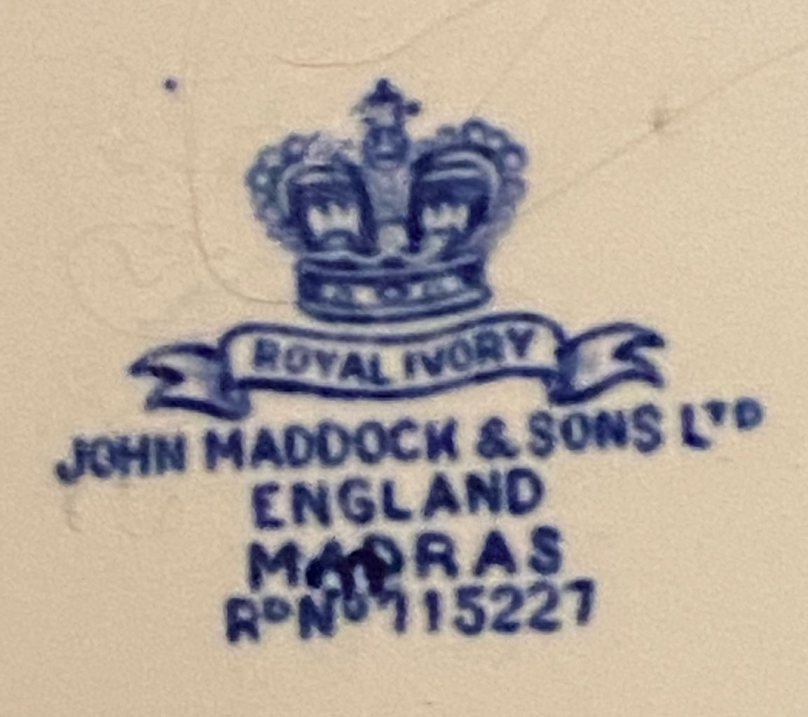 Set of 7 John Haddock blue and white Greek key older dinner and salad plates