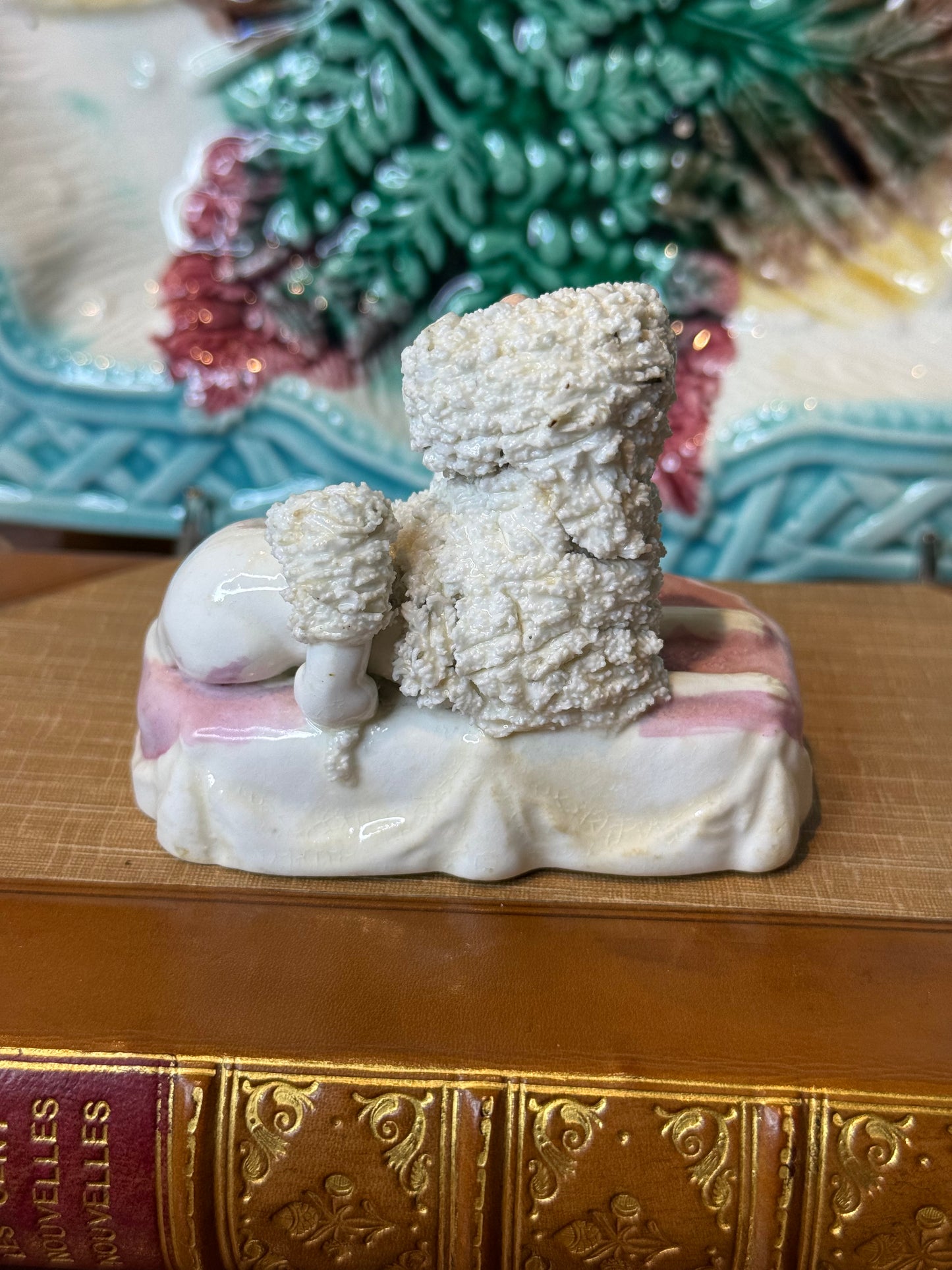 Antique Staffordshire Poodle with Puppies on Pink Cushion | Miniature Dog Figure | 3.25โ x 1.5โ | #DA4350
