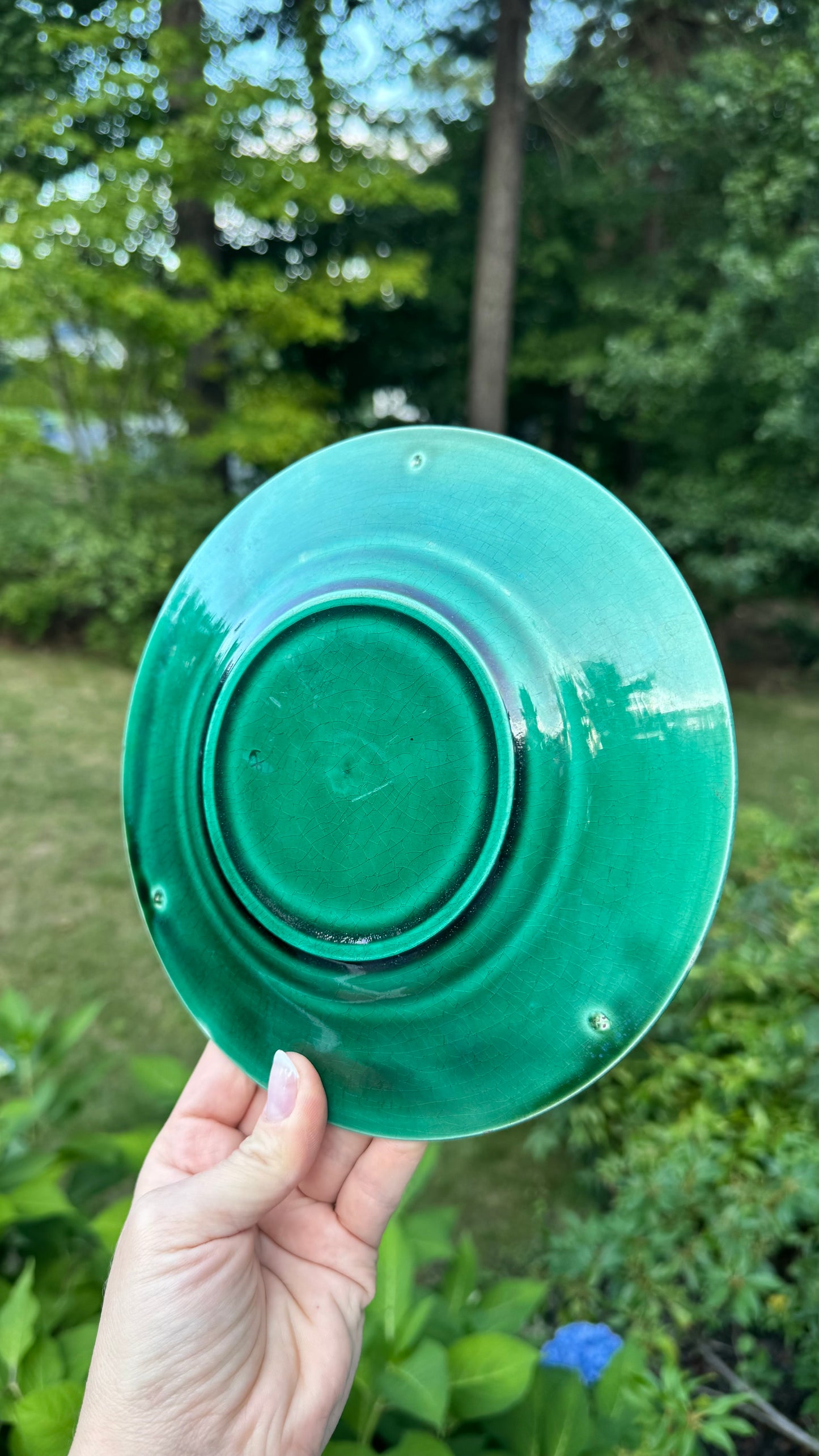 Live 09/08 Antique Majolica green round plate 8”