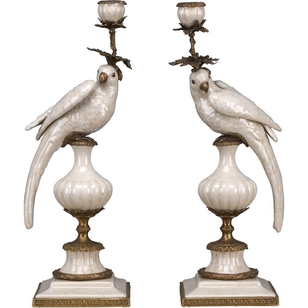 Danny's Fine Porcelain White Bronze Parrot Candle Holders Pair 6.5"L × 6"W × 18.5"H #14130