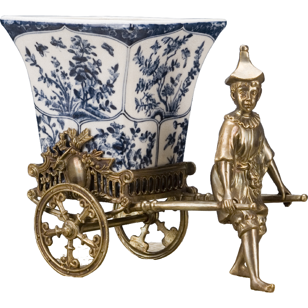 Danny's Fine Porcelain - 12L X 7W X 12H BRONZE RICKSAW MAN WITH PORCELAIN PLANTER-BLUE AND WHITE