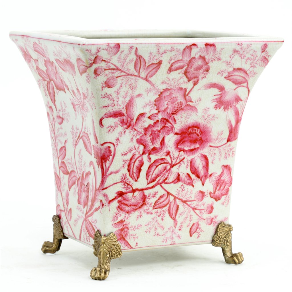 Danny's Fine Porcelain - Pink/White Rose Porcelain, Bronze Detailed Footed Vase Planter, 8.5" Tall