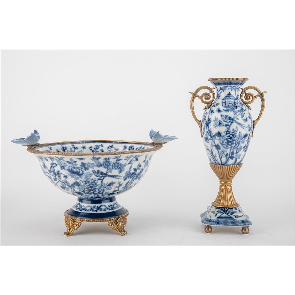 Danny's Fine Porcelain - Large Blue Bird Porcelain Footed Bowl with Butterfly Handles | Decorative Centerpiece #14299
