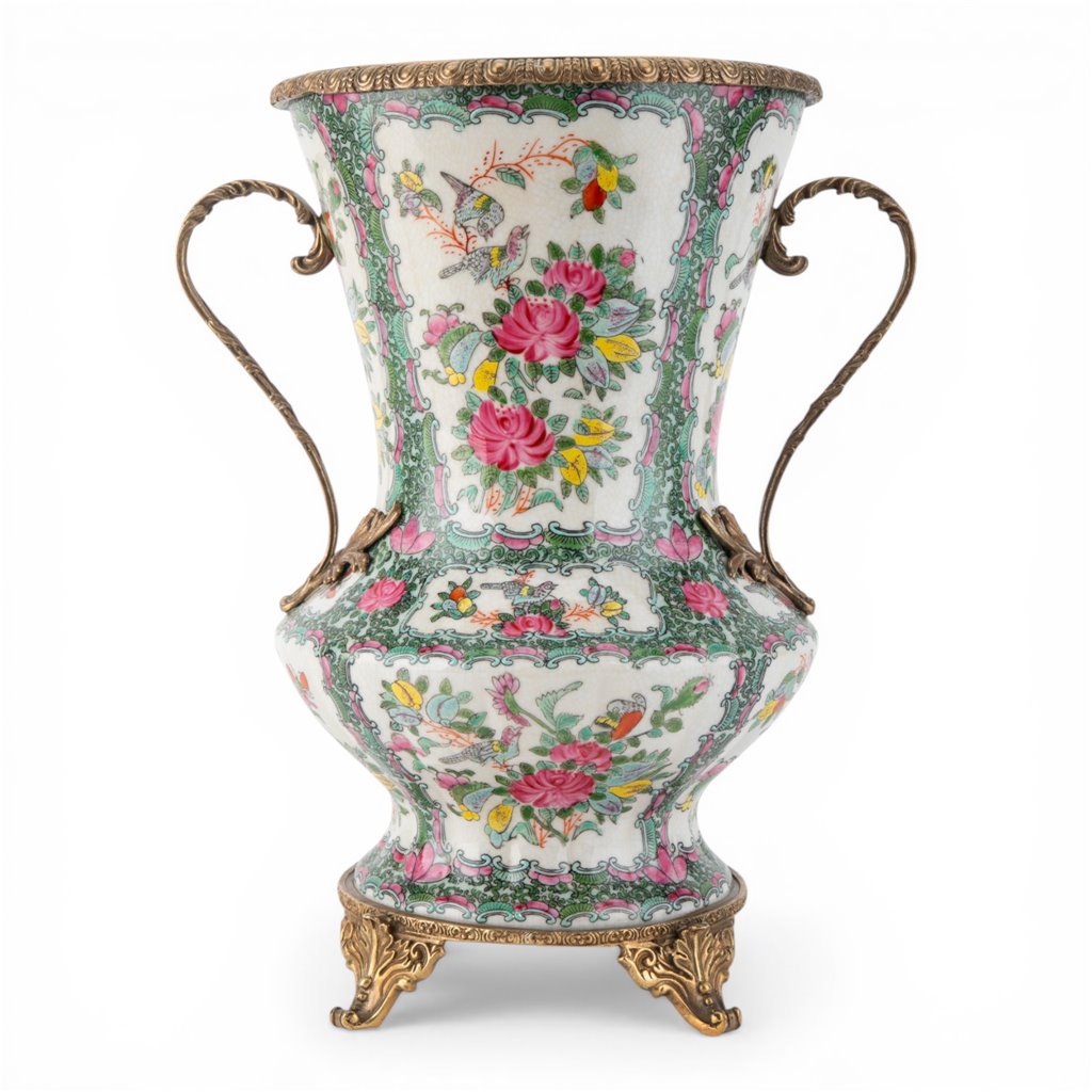 Danny's Fine Porcelain -Rose Medallion Porcelain Vase with Ormolu Handles | Decorative Chinese Export Style Vase #14301