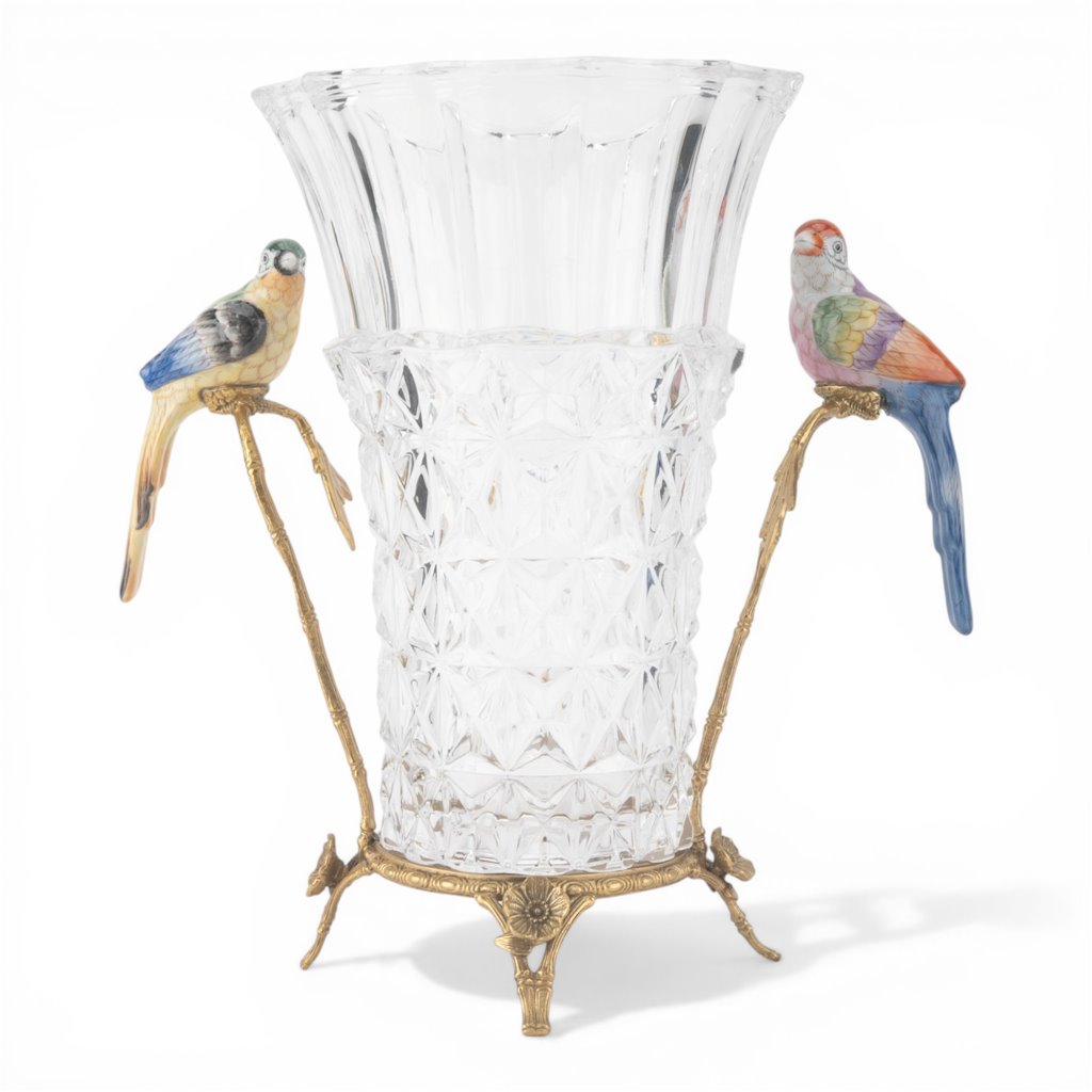 Danny's Fine Porcelain -Crystal Clear Vase with Ormolu Mount & Porcelain Birds | Figural Decorative Vase #14307