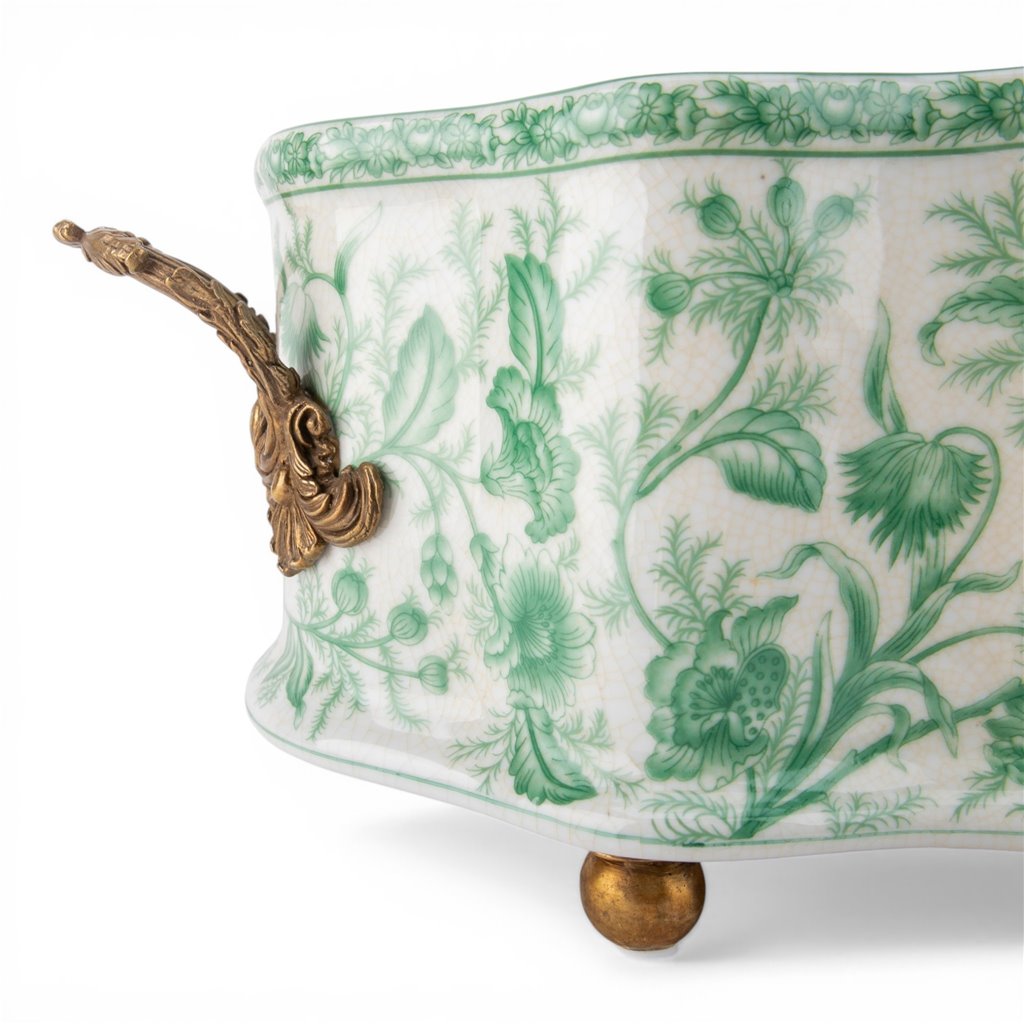 Danny's Fine Porcelain - Green & White Porcelain "Prim rose" Basin, Bronze Detailing, 22x11" #14315