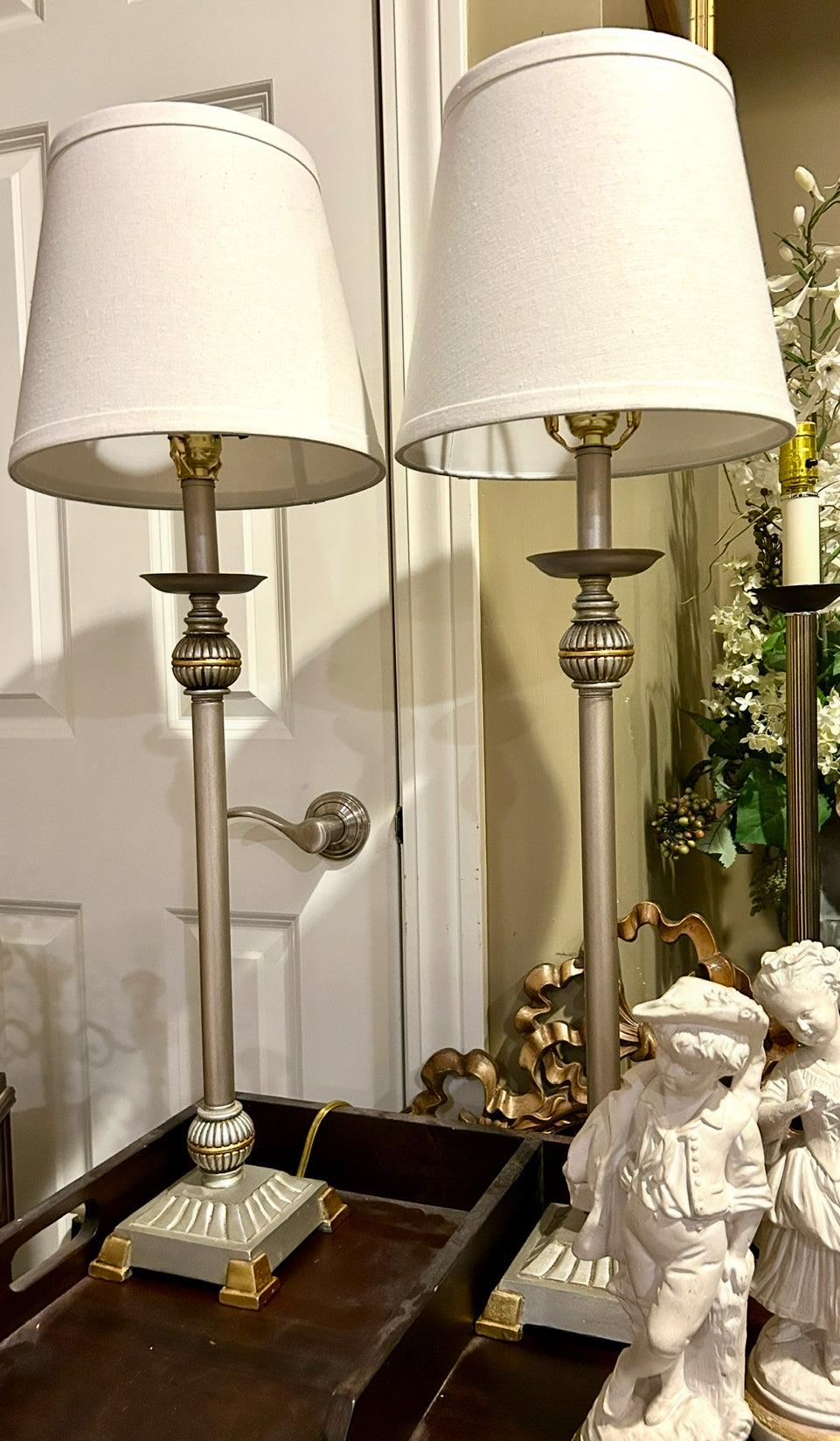 Reserved Elizabeth Stunning statuesque pair of vintage tall buffet lamps, 31” Tall