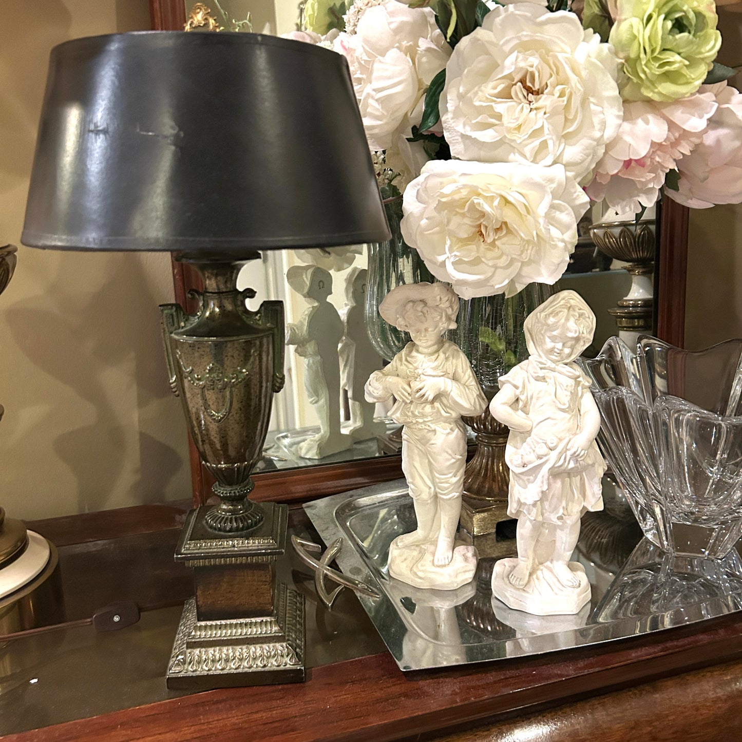 Vintage stamped brass boudoir lamp with black shade