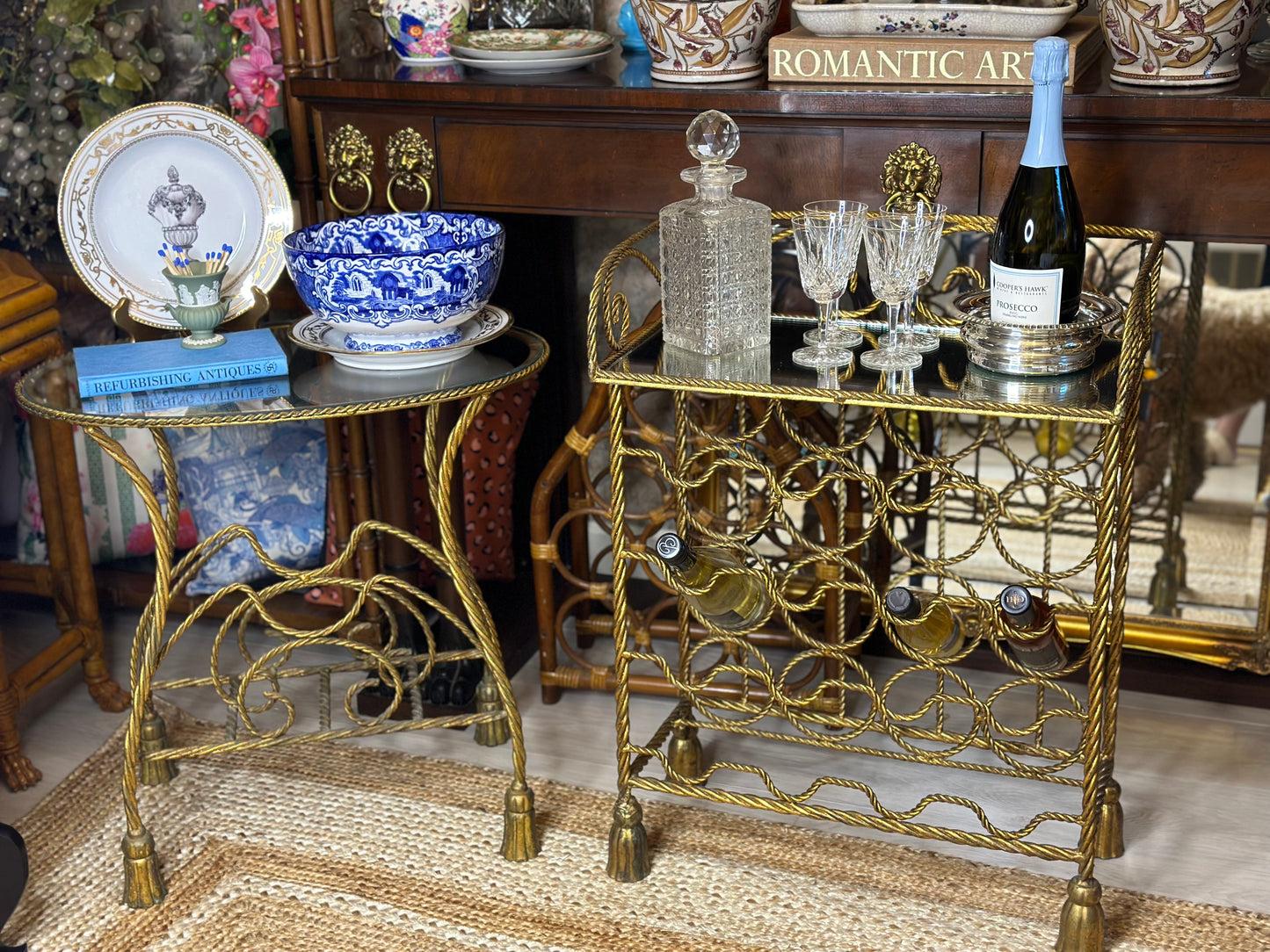 Vintage Gold-Gilt Hollywood Regency, Metal Rope, Mirror Top Wine Table - Excellent!