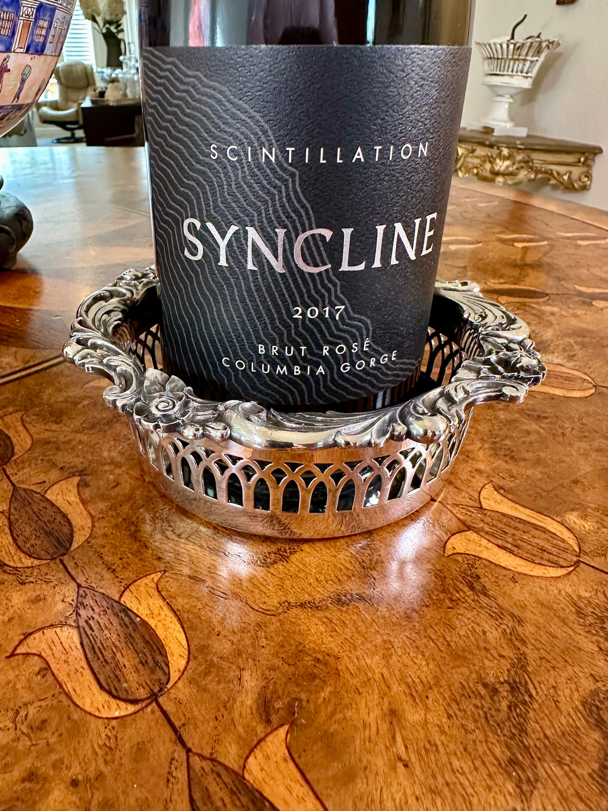 Vintage Lunt Eloquence Silver-Plated Wine Bottle Coaster | Ornate Floral & Pierced Design