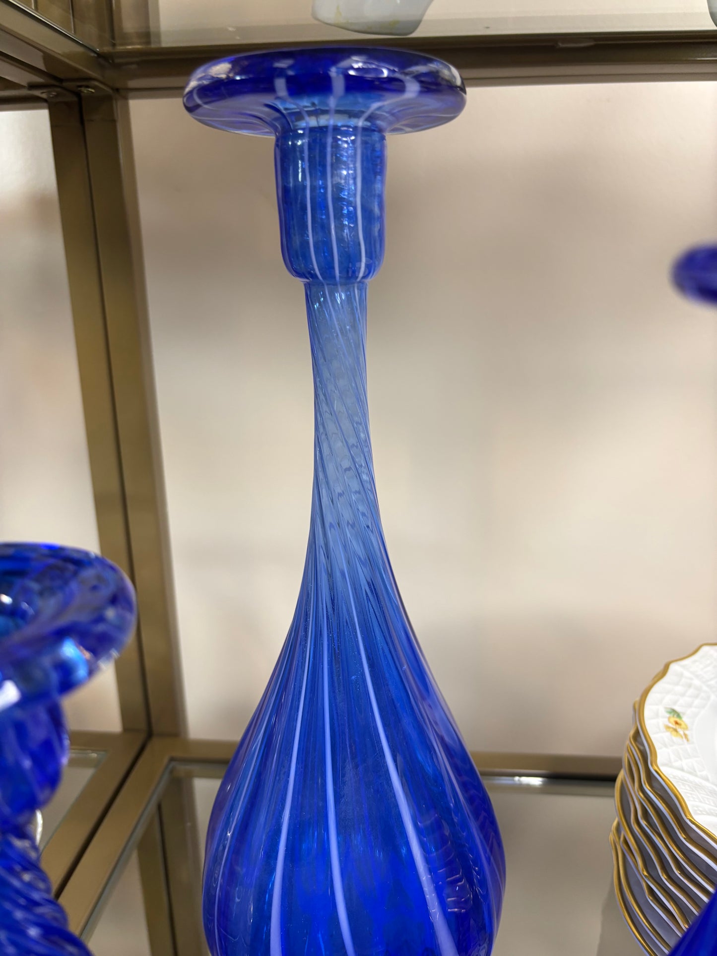 Stunning trio of handblown cobalt candleholders/vases with swirl designs and white!