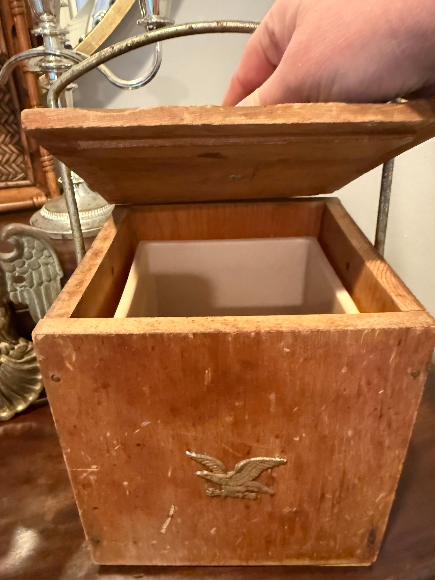 Vintage Wood Ice Box with Brass Eagle & Liner
