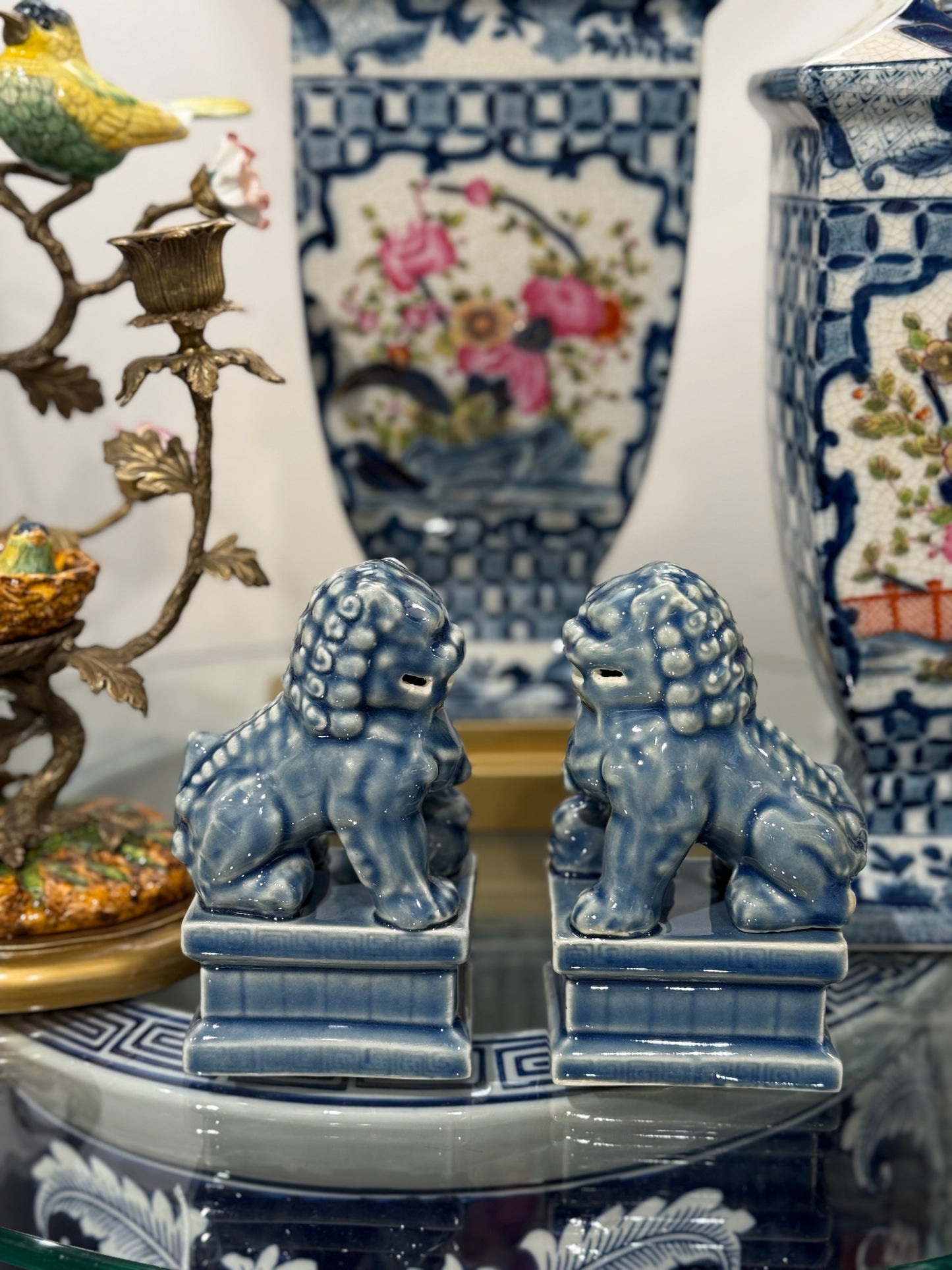 Danny's Fine Porcelain: Dusty Blue Foo Dog Pair: 6" tall, 3.5x2.5"