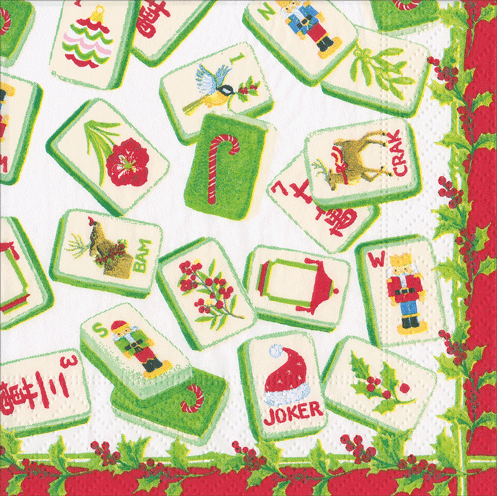 Caspari Christmas Mahjong Triple-Ply Cocktail Napkins – Package of 20 | Holiday Paper Napkins