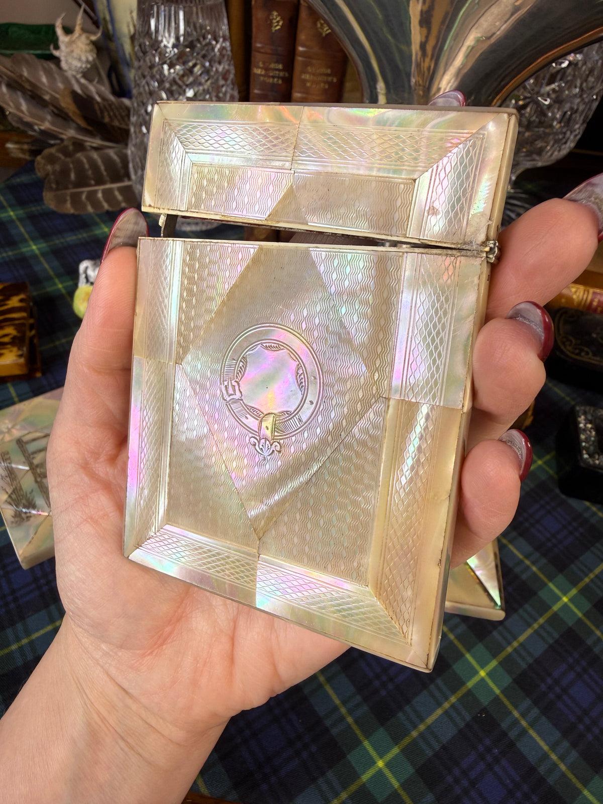 Antique Mother-of-Pearl Calling Card & Credit Card Case | Engraved Cartouche | 3” × 4”