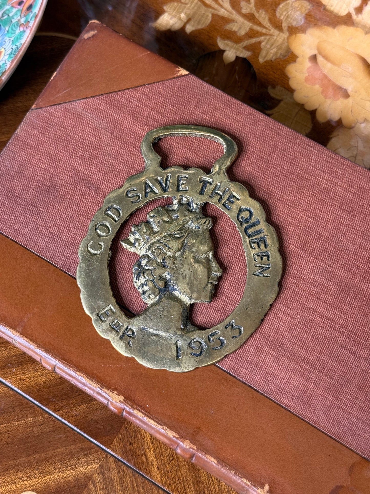 RESERVED: Fancy Nancy, GOD SAVE THE QUEEN 1953 HORSE BRASS MEDALLION