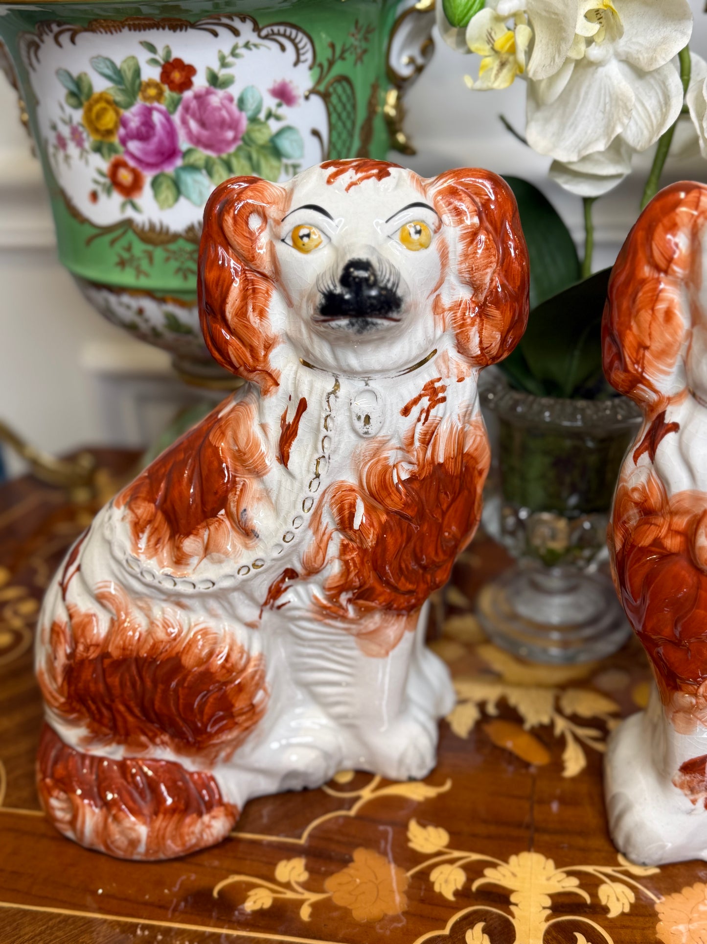 Antique Staffordshire Spaniel Dogs | Red & White Mantel Pair | 10” Tall
