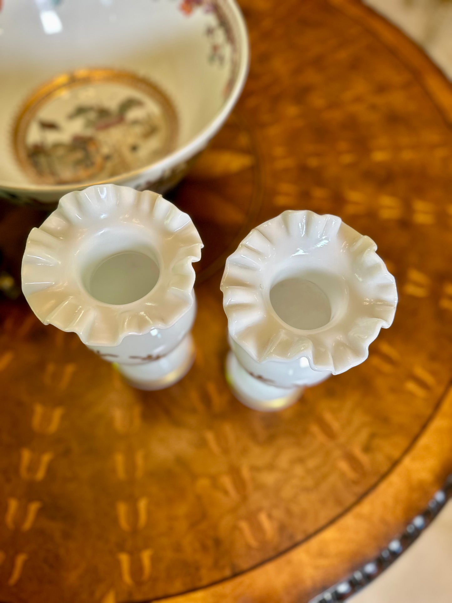 Pair of Antique French Opaline Glass Vases with Gilt Laurel Wreath Decoration, c.1880