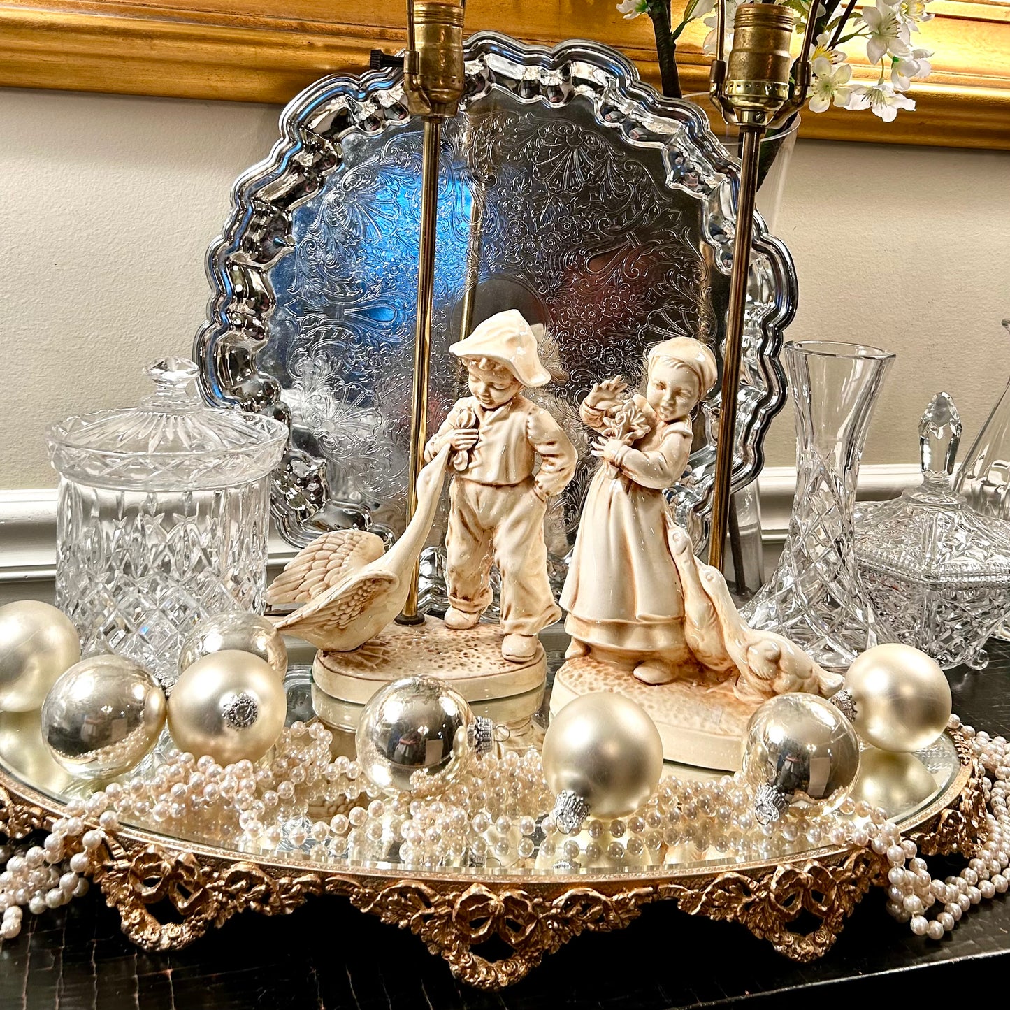 Whimsical pair of porcelain statue lamps girl & boy with their loving ducks