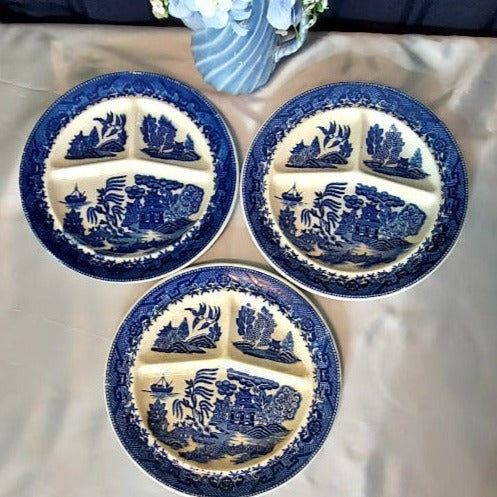 3 blue willow grill plates, Moriyama occupied Japan