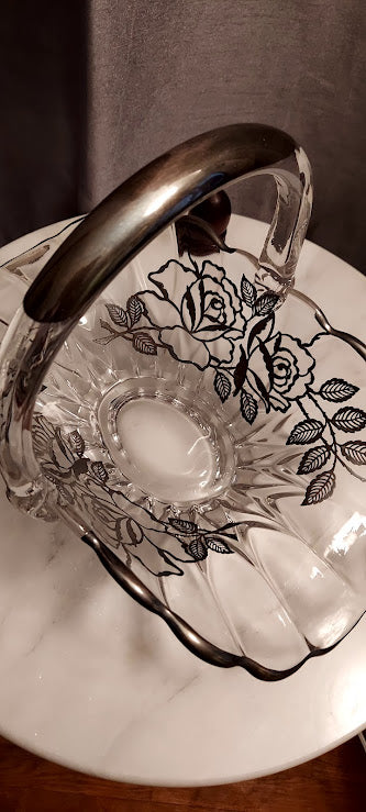 Vintage glass bridal basket with silver overlay, beautiful Rose design