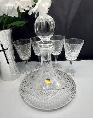 Tyrone Crystal Vintage Ship Decanter with 4 Goblets