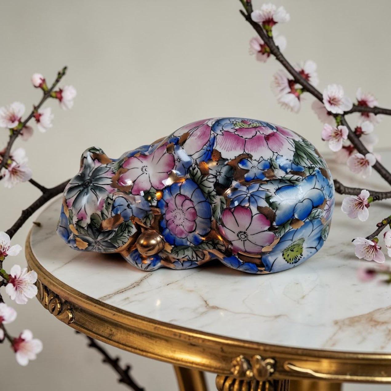 Vintage Chinoiserie Gold and Floral Hand Painted Sleeping Cat