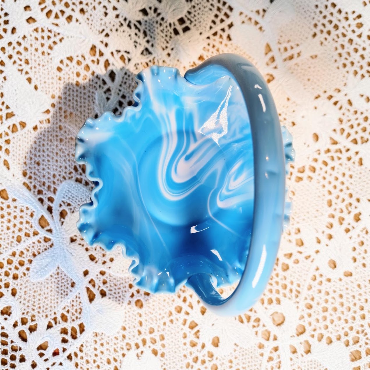 Fenton Blue and White Marble Hobnail Basket, Stunning!