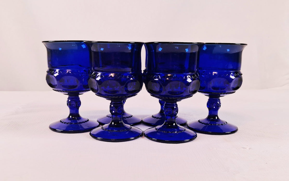Cobalt Blue King’s Crown Thumbprint Glass Cordials/Goblets, Set of 6