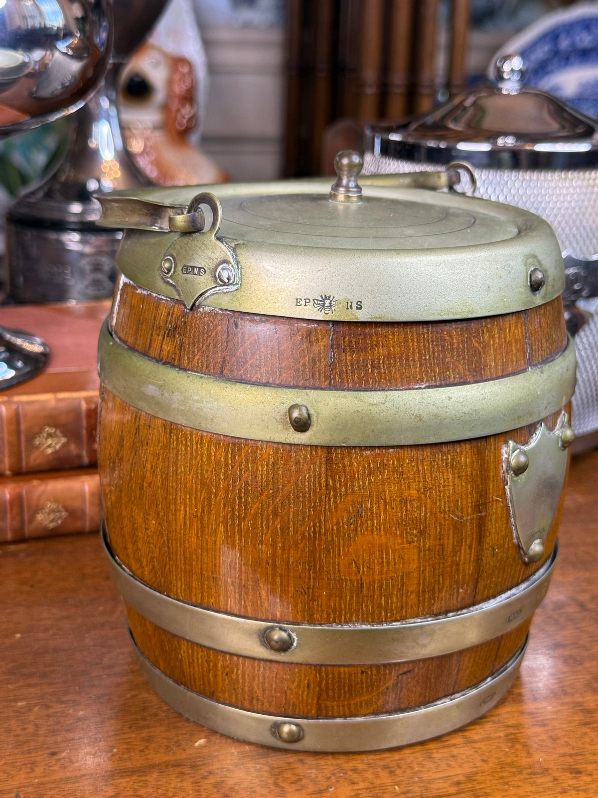 Antique English Oak Biscuit Barrel with EPNS Silver Plate & Ceramic Liner, c. 1890–1910 – 6.5”H