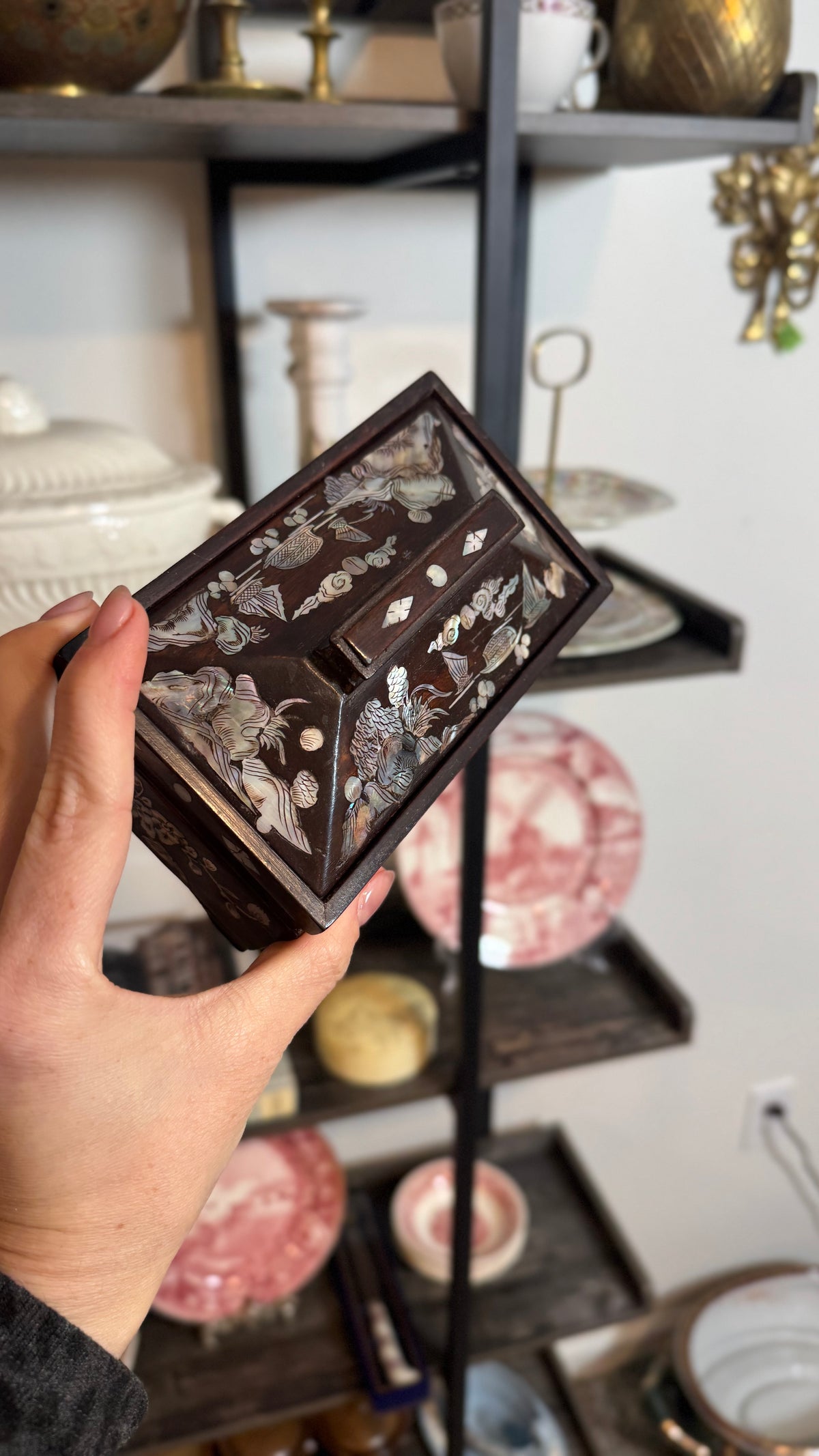 Wooden box with mother of pearl design