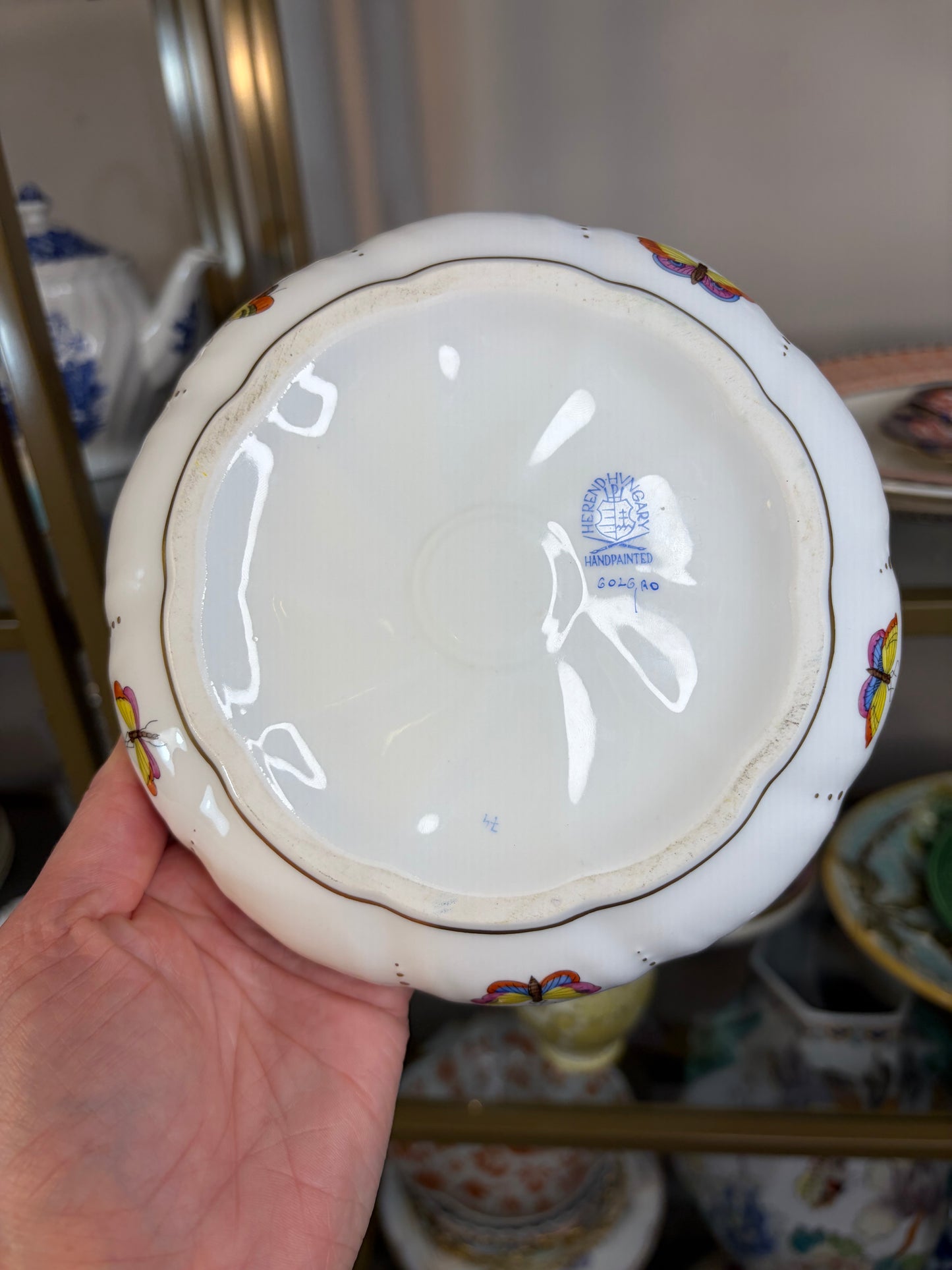 Gorgeous Herend Rothschild porcelain covered bonbon dish featuring hand-painted bird and butterfly motifs with a pink ribbon finial!
