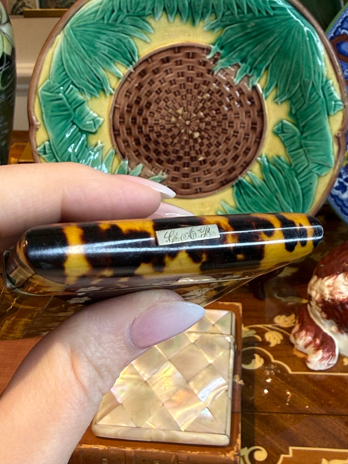 Antique Tortoiseshell & Mother-of-Pearl Calling Card Case c.1880–1900 Monogrammed CAP | 3.5”x2.5”