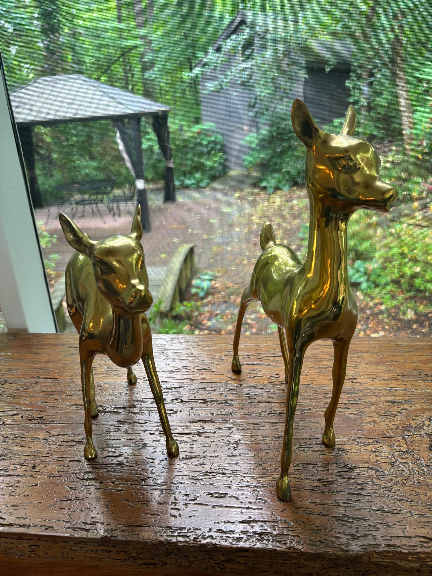 Beautiful large brass deer pair measuring 12.5” and 9.5” tall!